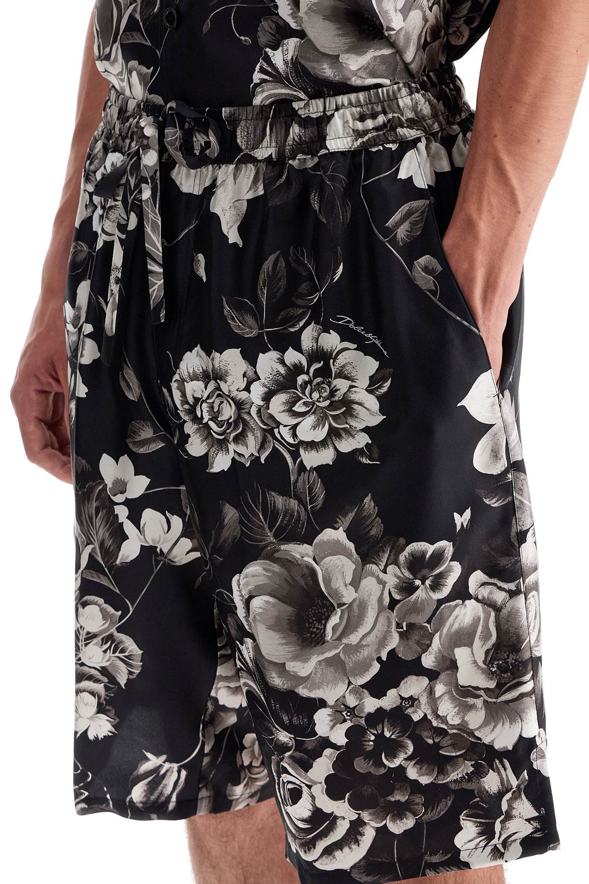 Silk Floral Print Bermuda Shorts Set  - Black