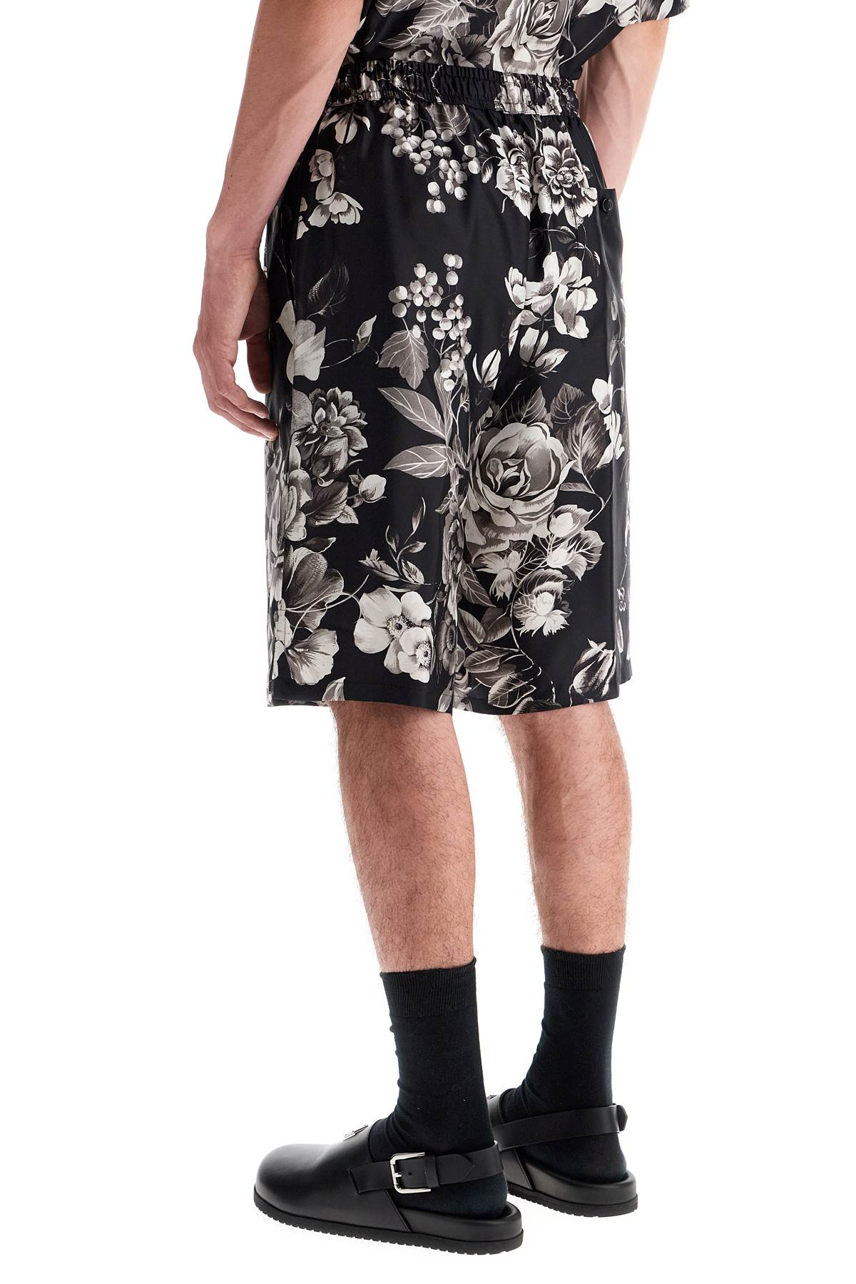 Silk Floral Print Bermuda Shorts Set  - Black