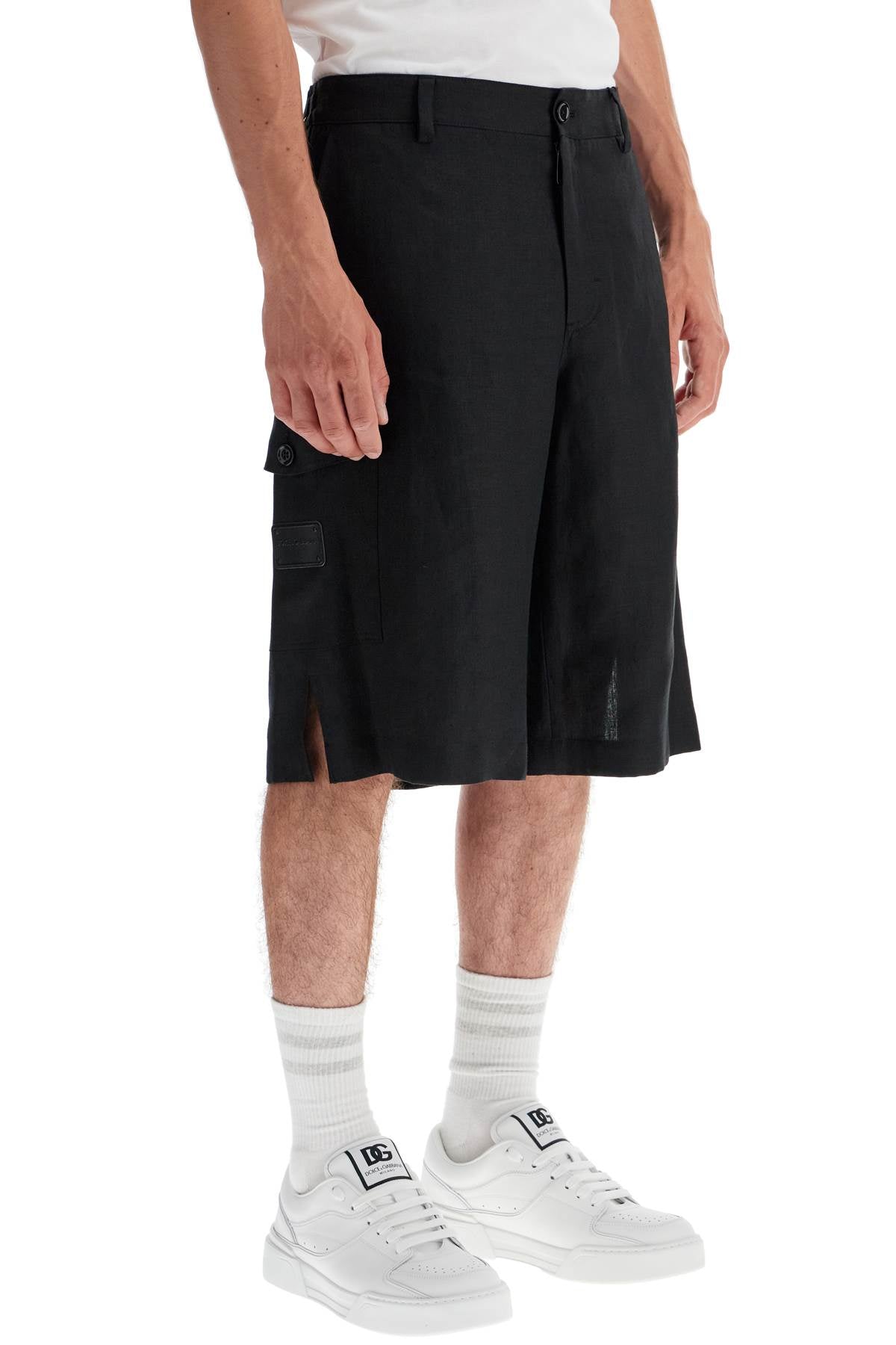 Linen Cargo Bermuda Shorts For  - Black