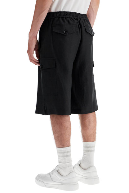 Linen Cargo Bermuda Shorts For  - Black