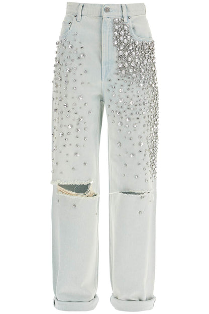 Light Blue Cotton Jeans With Crystal Stones  - Blue