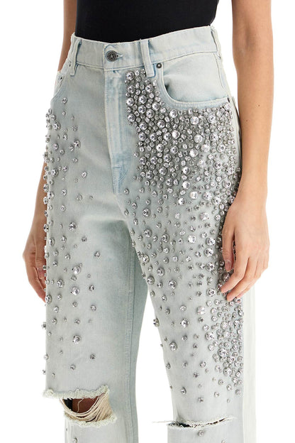 Light Blue Cotton Jeans With Crystal Stones  - Blue