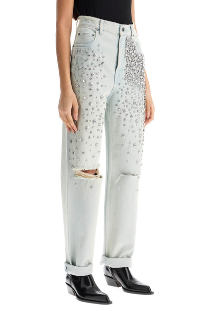 Light Blue Cotton Jeans With Crystal Stones  - Blue