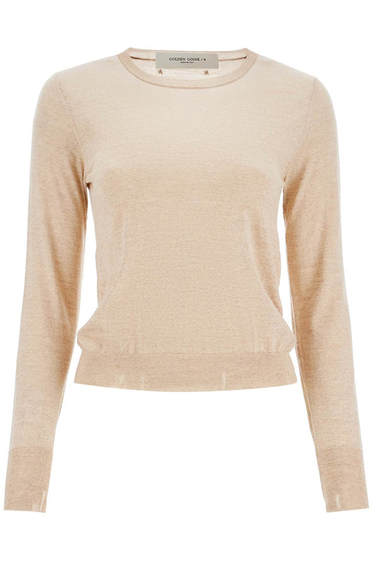 Light Beige Merino Wool Women's Crew Neck Sweater  - Beige