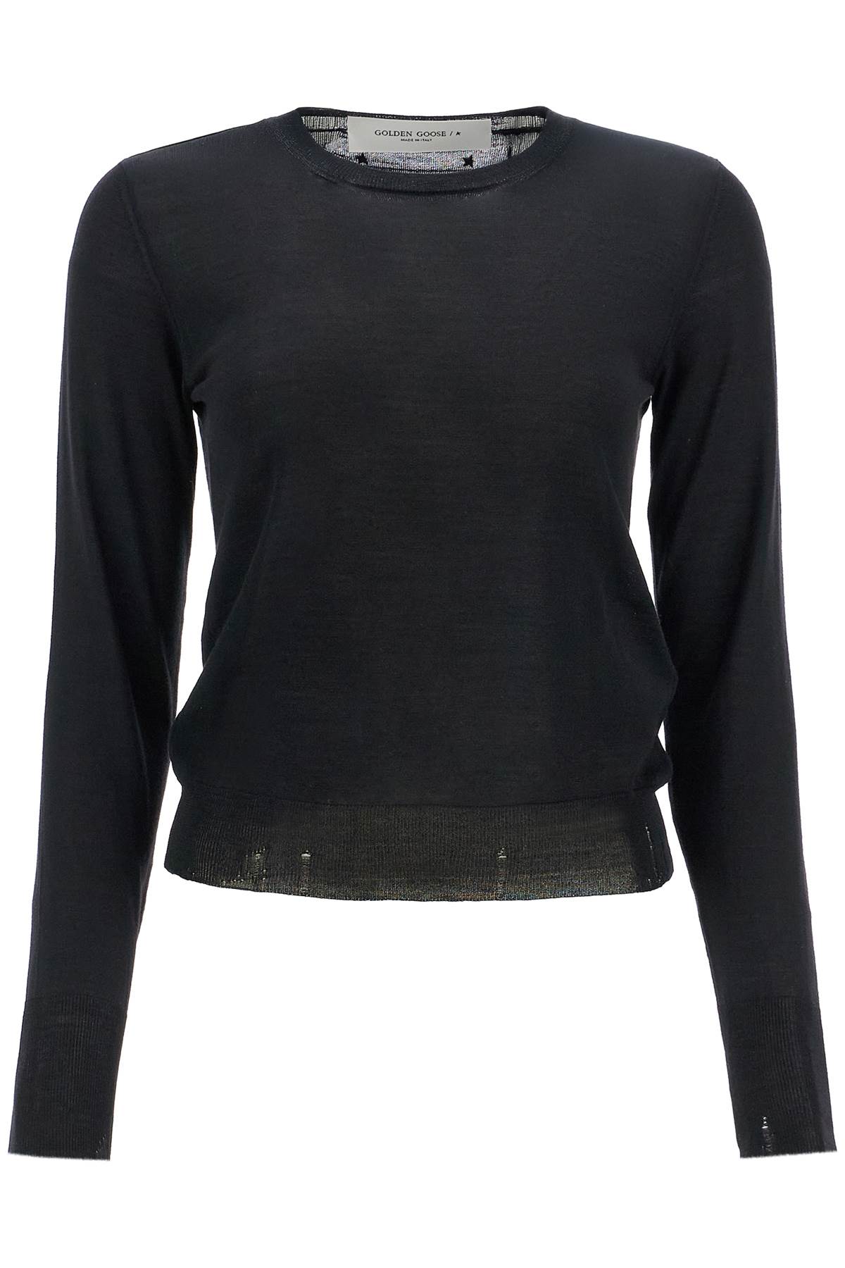 Black Merino Wool Sweater With Golden Applications For Women  - Black