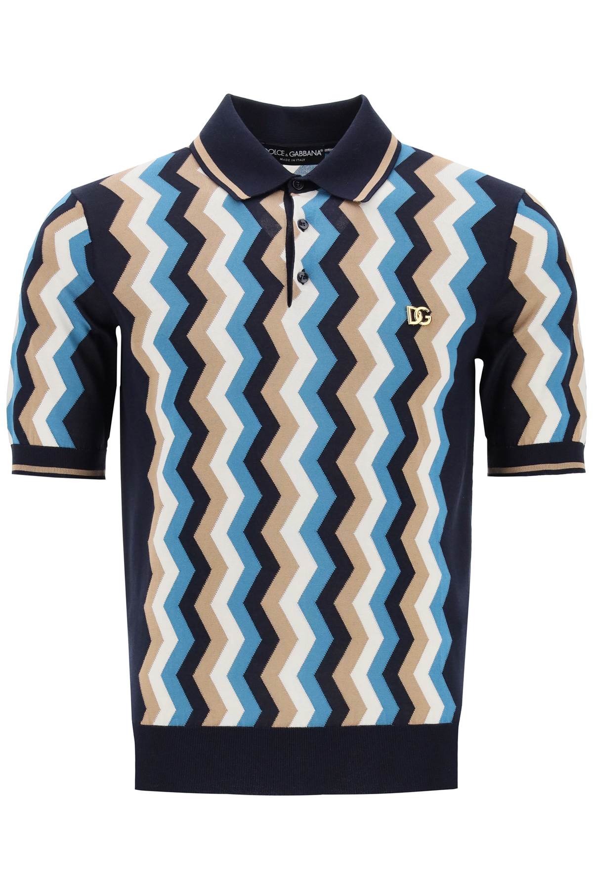 Silk Polo Shirt With Zigzag In  - Blu