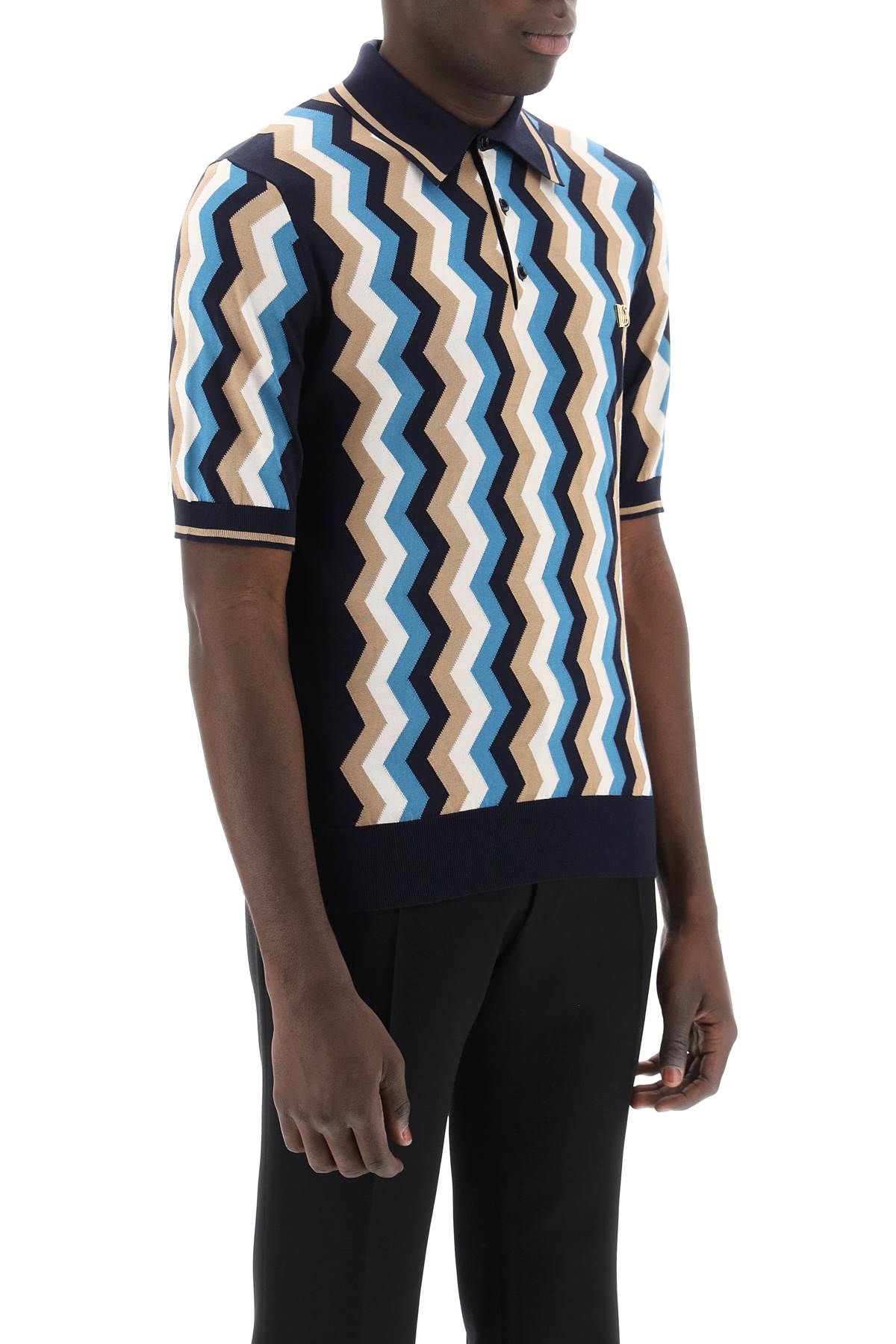 Silk Polo Shirt With Zigzag In  - Blu