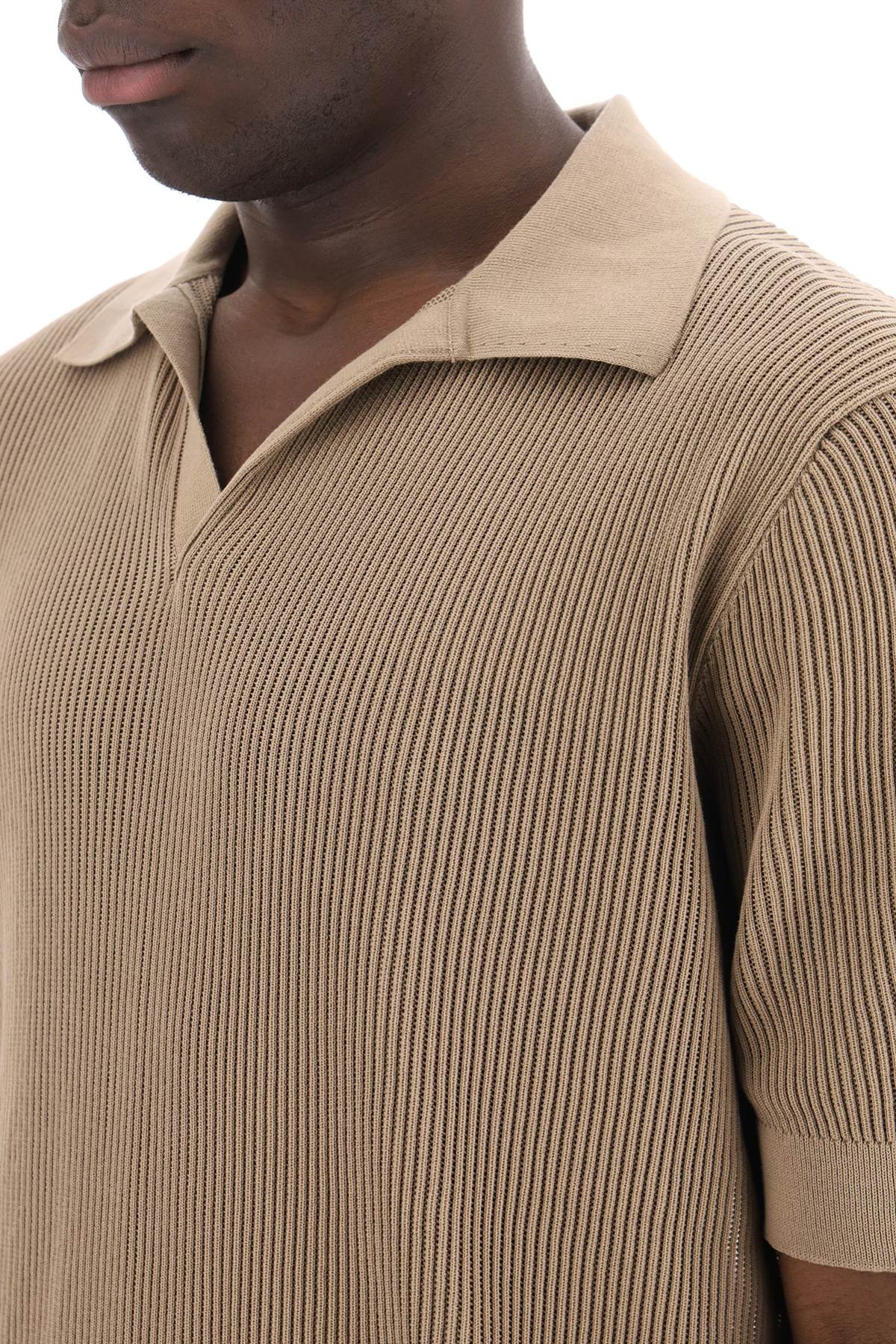 Cotton Ribbed Perforated Polo Shirt  - Beige