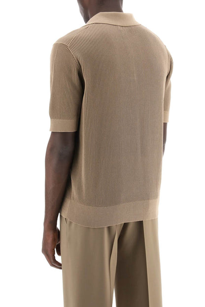 Cotton Ribbed Perforated Polo Shirt  - Beige