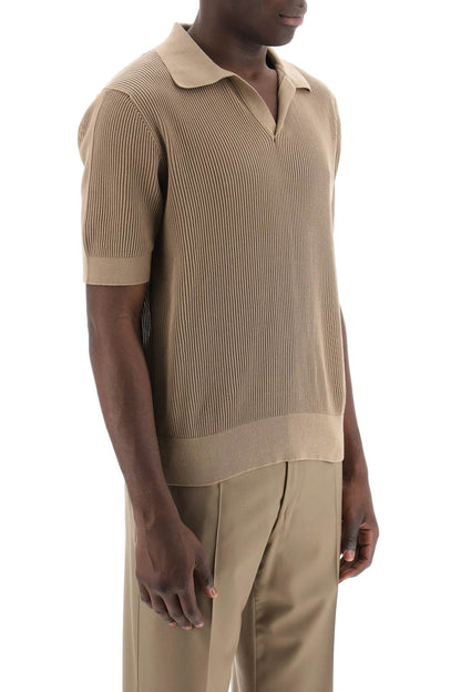 Cotton Ribbed Perforated Polo Shirt  - Beige