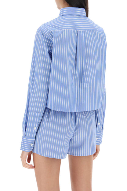 Cropped Striped Poplin Shirt  - Blue