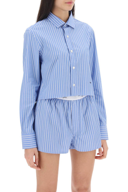 Cropped Striped Poplin Shirt  - Blue