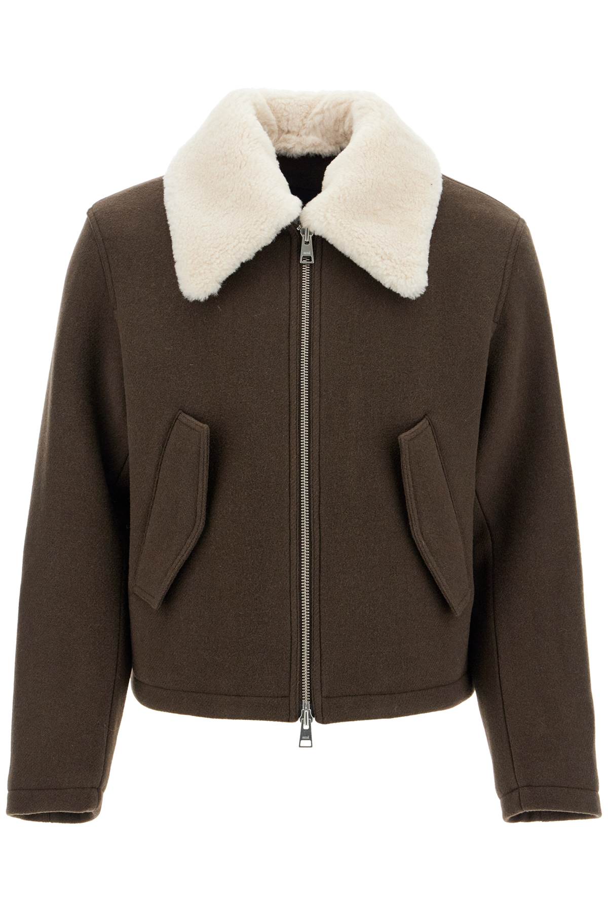 Boxy Shearling Jacket With Collar  - Brown