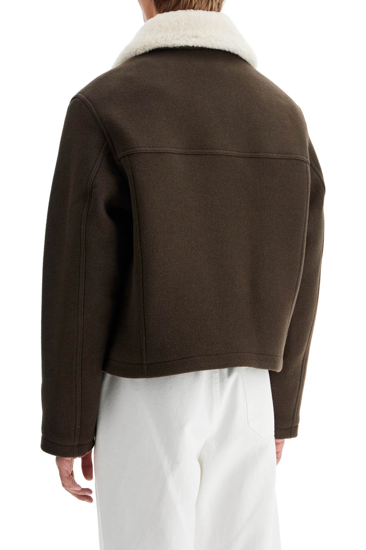 Boxy Shearling Jacket With Collar  - Brown