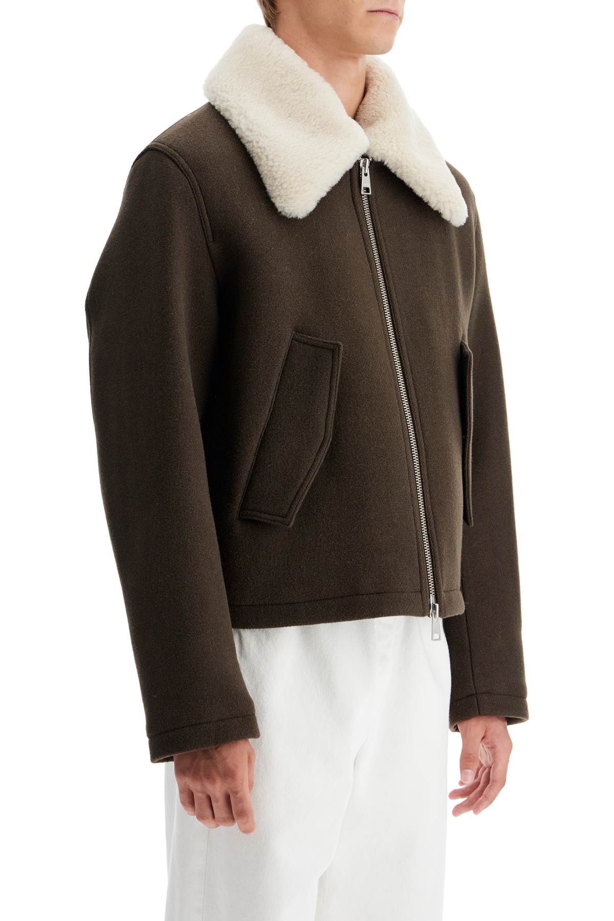 Boxy Shearling Jacket With Collar  - Brown