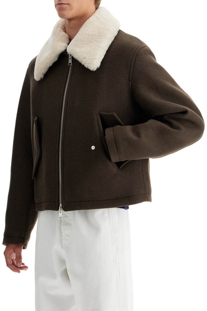 Boxy Shearling Jacket With Collar  - Brown