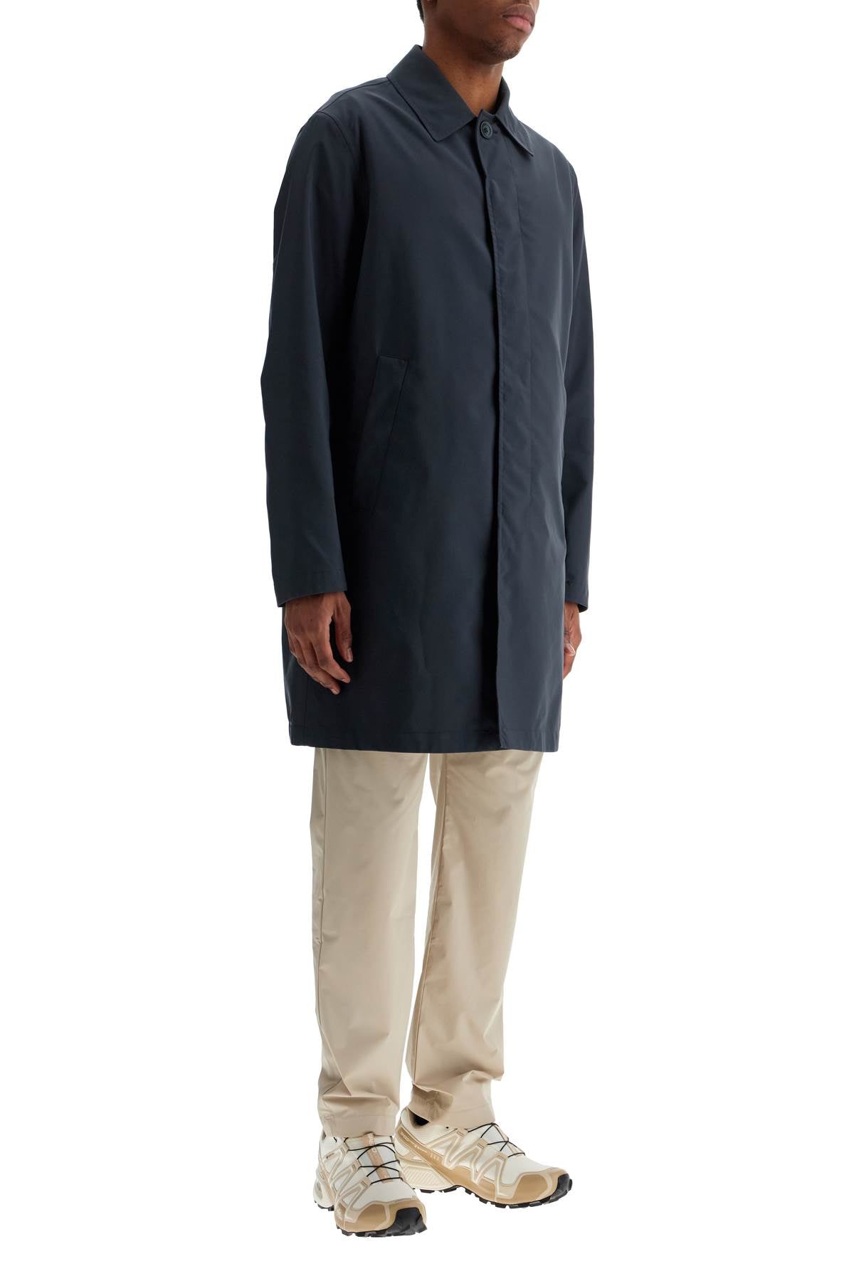 Long Blue Waterproof Coat In High-quality Polyester With Buttons  - Blue