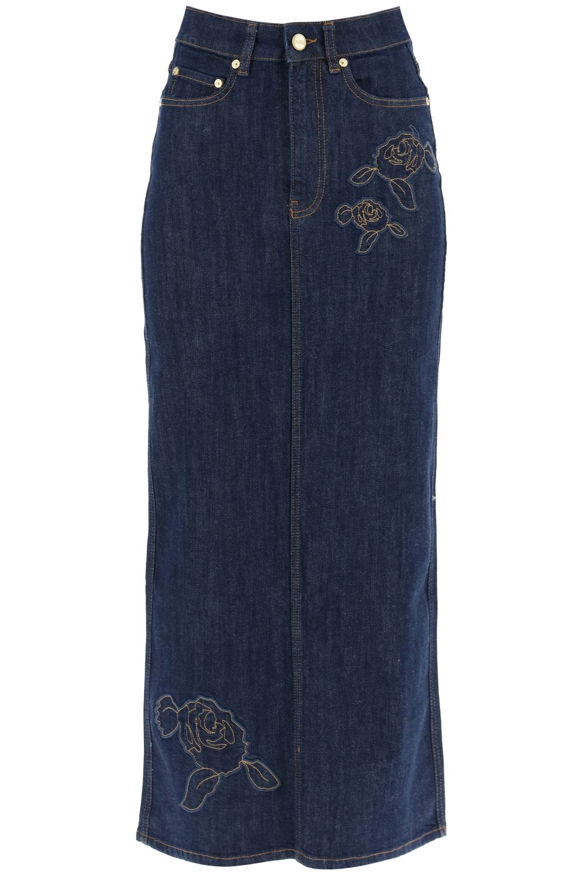 Maxi Denim Skirt With Pink Embroidery  - Blue