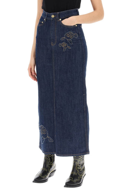 Maxi Denim Skirt With Pink Embroidery  - Blue