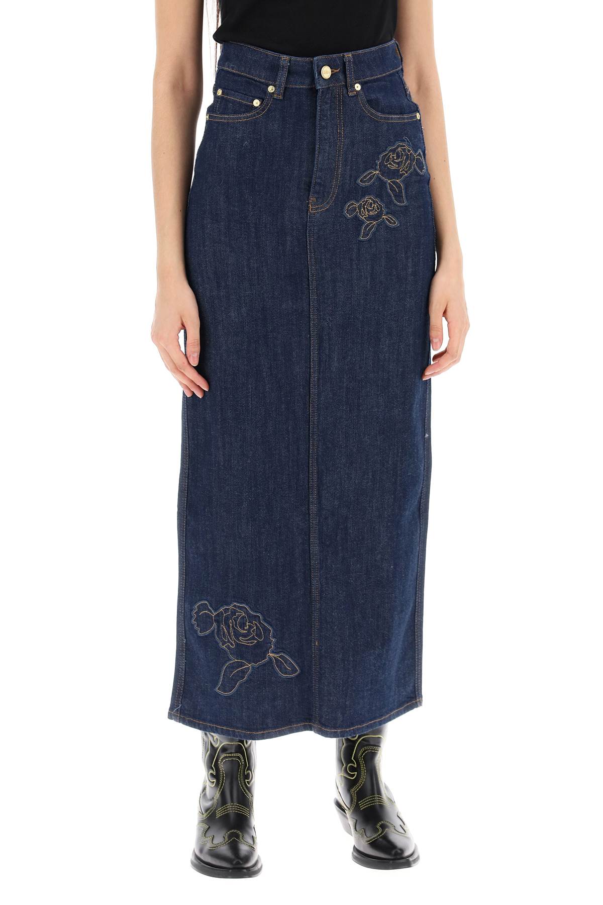 Maxi Denim Skirt With Pink Embroidery  - Blue