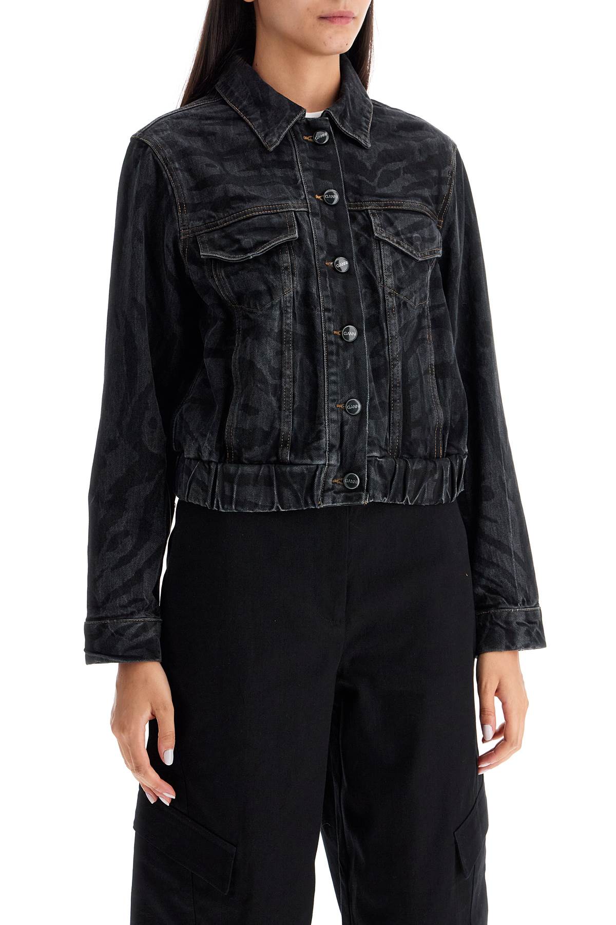 Cut\n\nshort Denim Jacket With Laser-cut  - Black