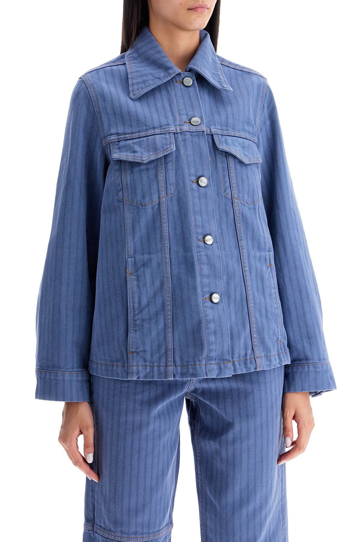 "striped Overdyed Denim Jacket  - Blue