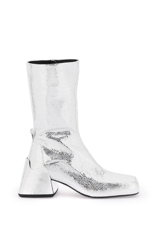 Cracked-effect Laminated Leather Boots  - Silver