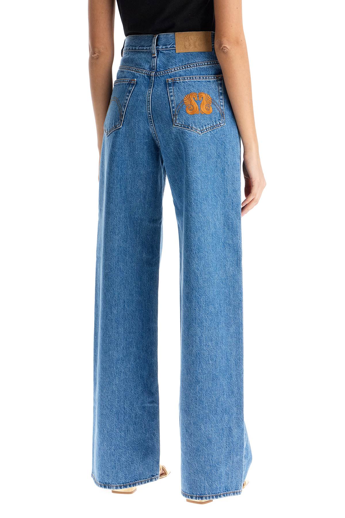 Blue Cotton Jeans With Orange Embroidery  - Blue