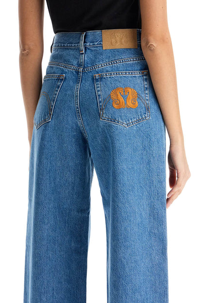 Blue Cotton Jeans With Orange Embroidery  - Blue