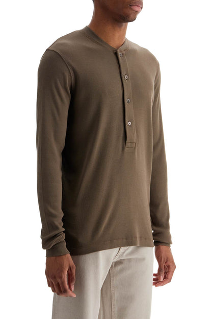 Henley T-shirt In Moss Green Modal Cotton With Mother-of-pearl Buttons  - Green