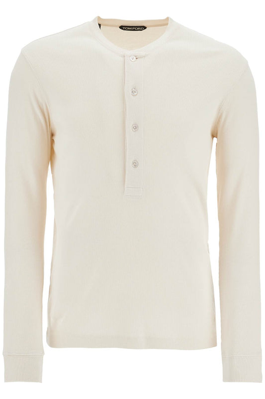 Henley T-shirt Ivory In Cotton And Microfiber Ribbed  - Beige