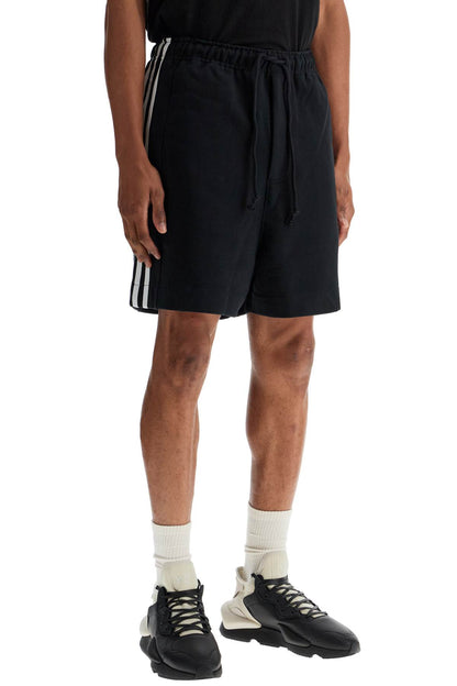 Black Cotton Shorts With White Stripes  - Black