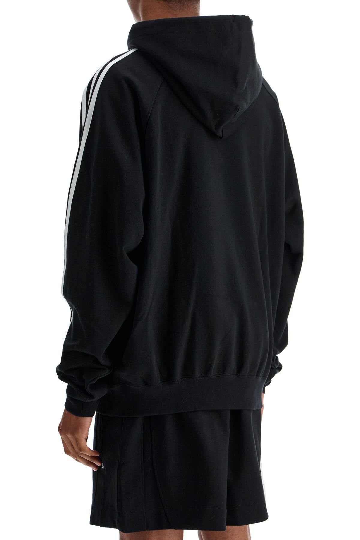 Black Cotton And Recycled Polyester Hoodie With White Raglan Stripes  - Black