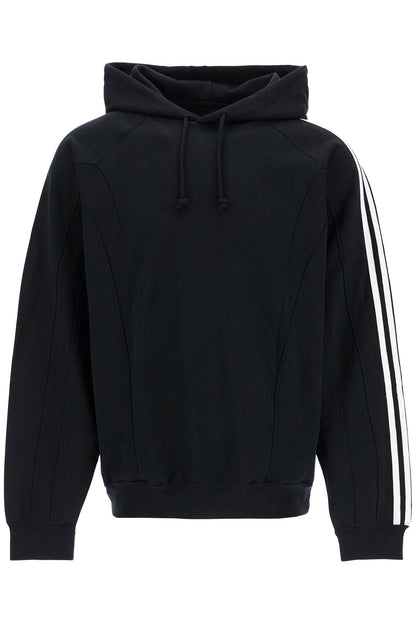 Black Cotton And Recycled Polyester Hoodie With White Raglan Stripes  - Black