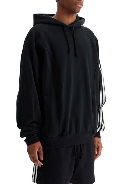 Black Cotton And Recycled Polyester Hoodie With White Raglan Stripes  - Black