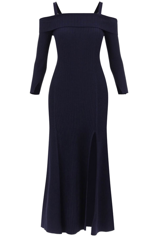 Long Knitted Off-the-shoulder Dress  - Blue