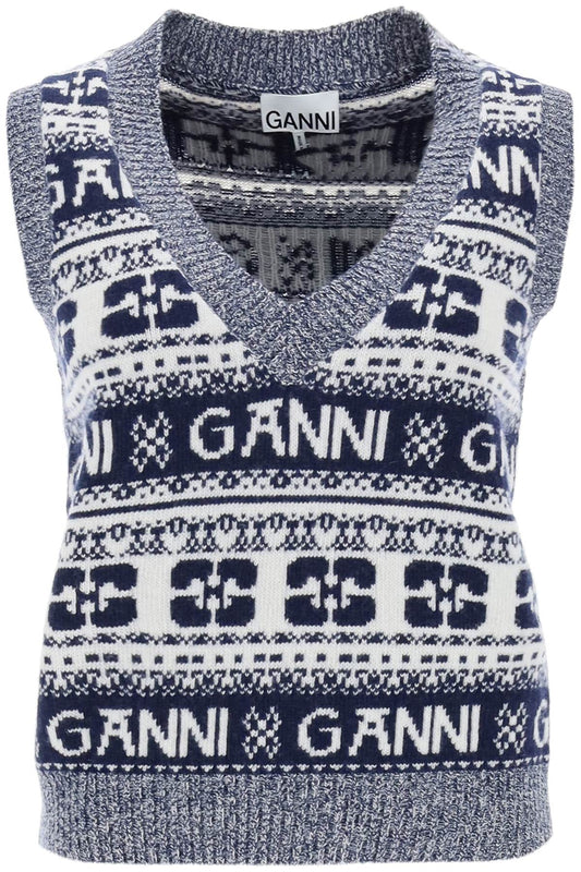 Jacquard Wool Vest With Logo Pattern  - Bianco