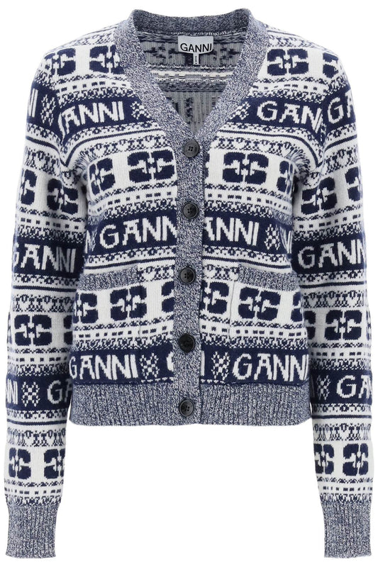 Jacquard Wool Cardigan With Logo Pattern  - White