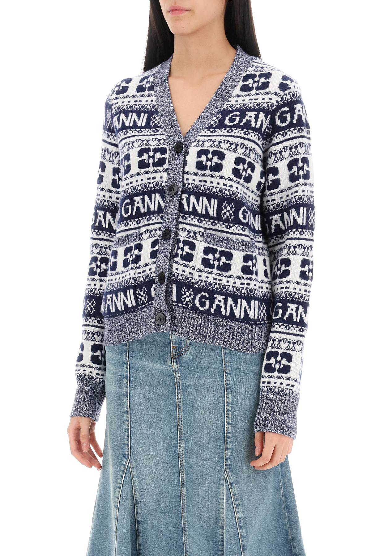 Jacquard Wool Cardigan With Logo Pattern  - White