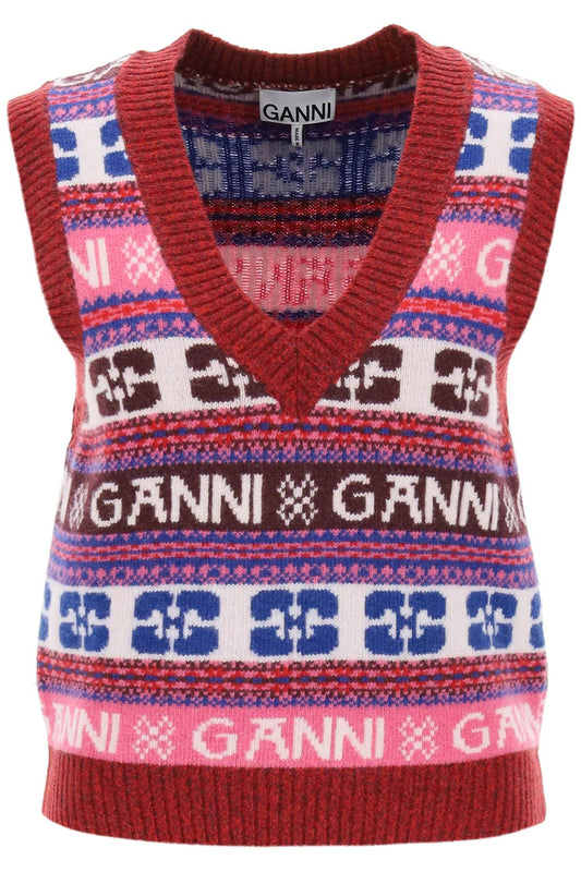 Jacquard Wool Vest With Logo Pattern  - Multicolor