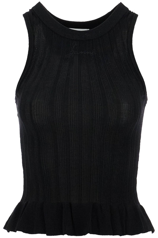 Ribbed Knit Tank Top With Spaghetti Straps  - Black