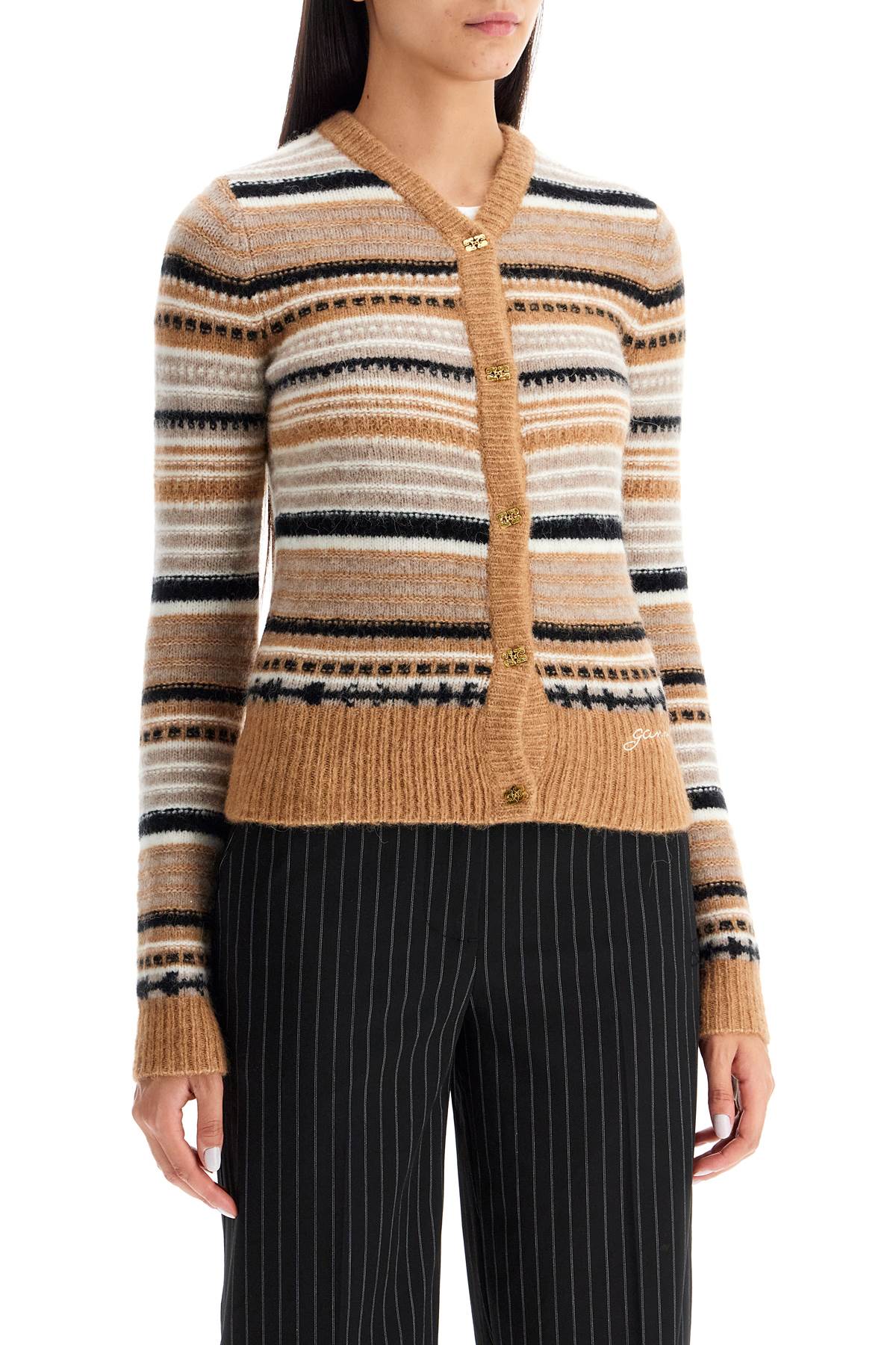 Soft Striped Cardigan With Fluffy  - Beige