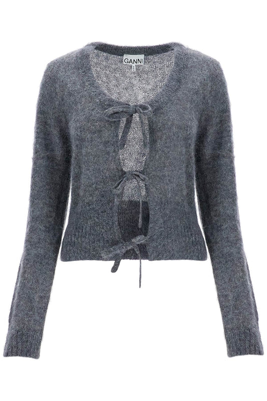 Mohair Cardigan With Bow Accents  - Grey