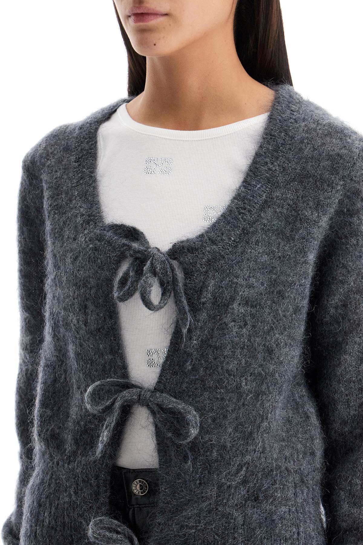 Mohair Cardigan With Bow Accents  - Grey