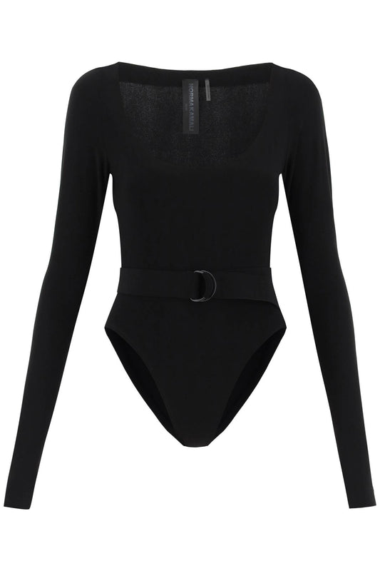 Belted Long-sleeved Bodysuit  - Black