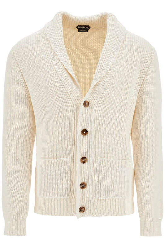 White Silk And Wool Cardigan With Shawl Collar  - White