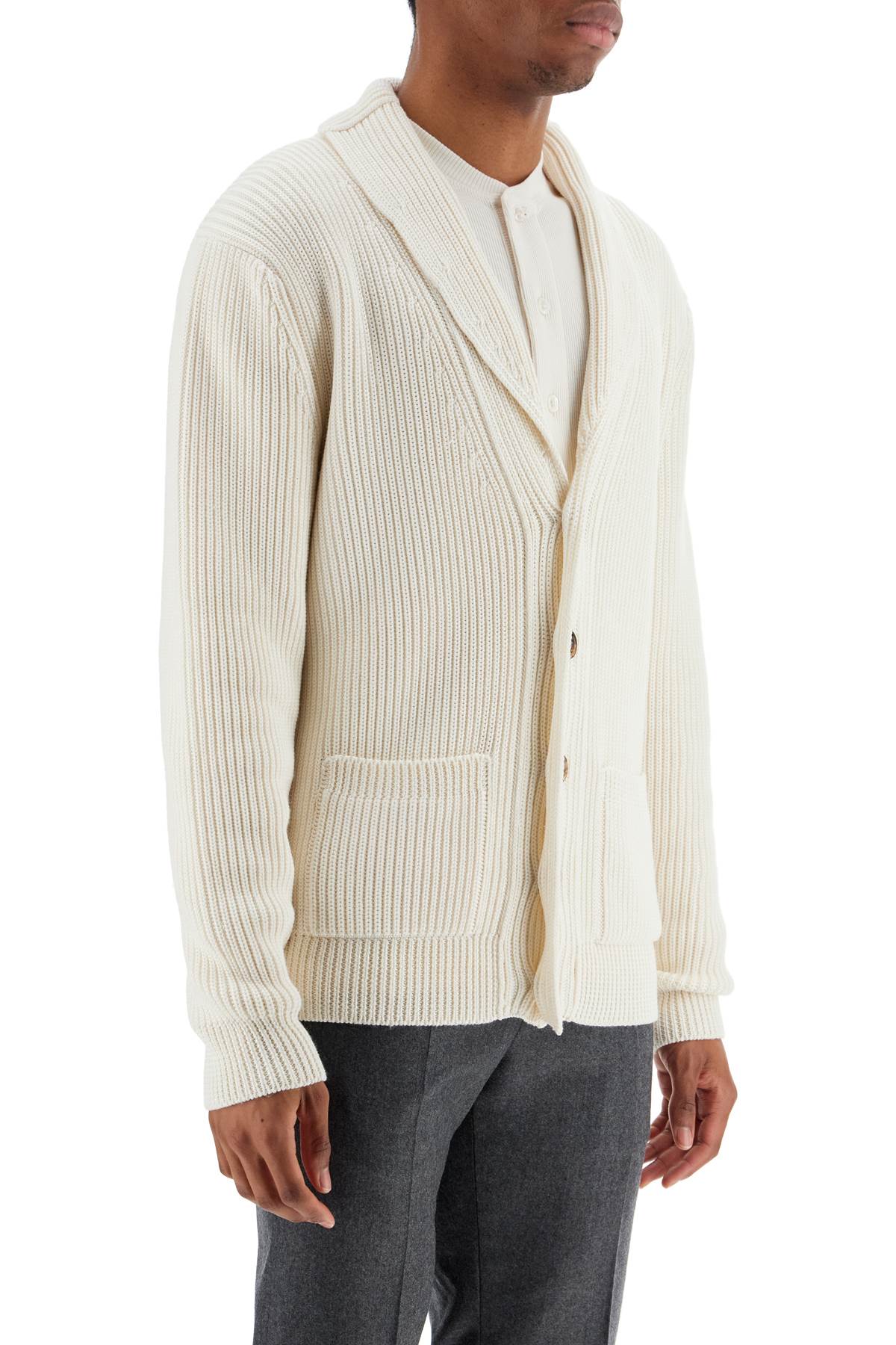 White Silk And Wool Cardigan With Shawl Collar  - White