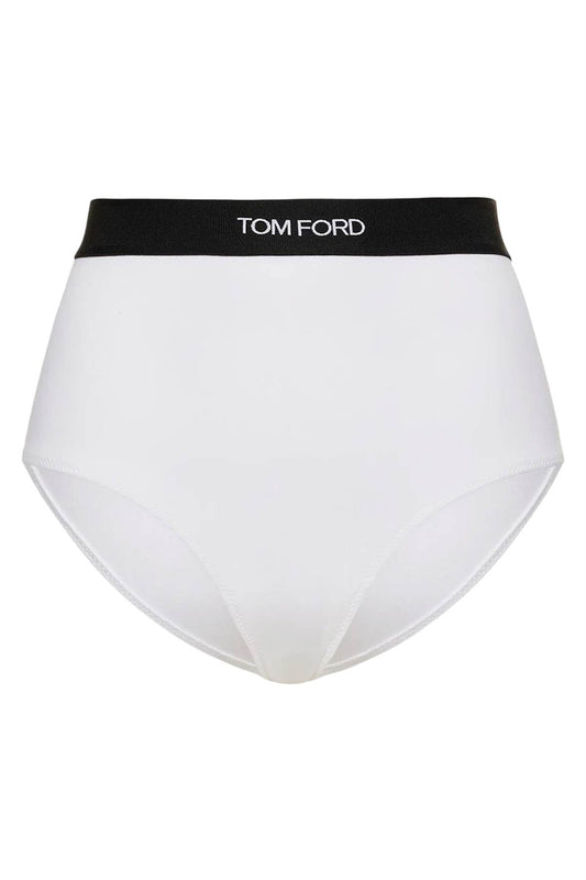 High-waisted Underwear Briefs With Logo Band  - Bianco