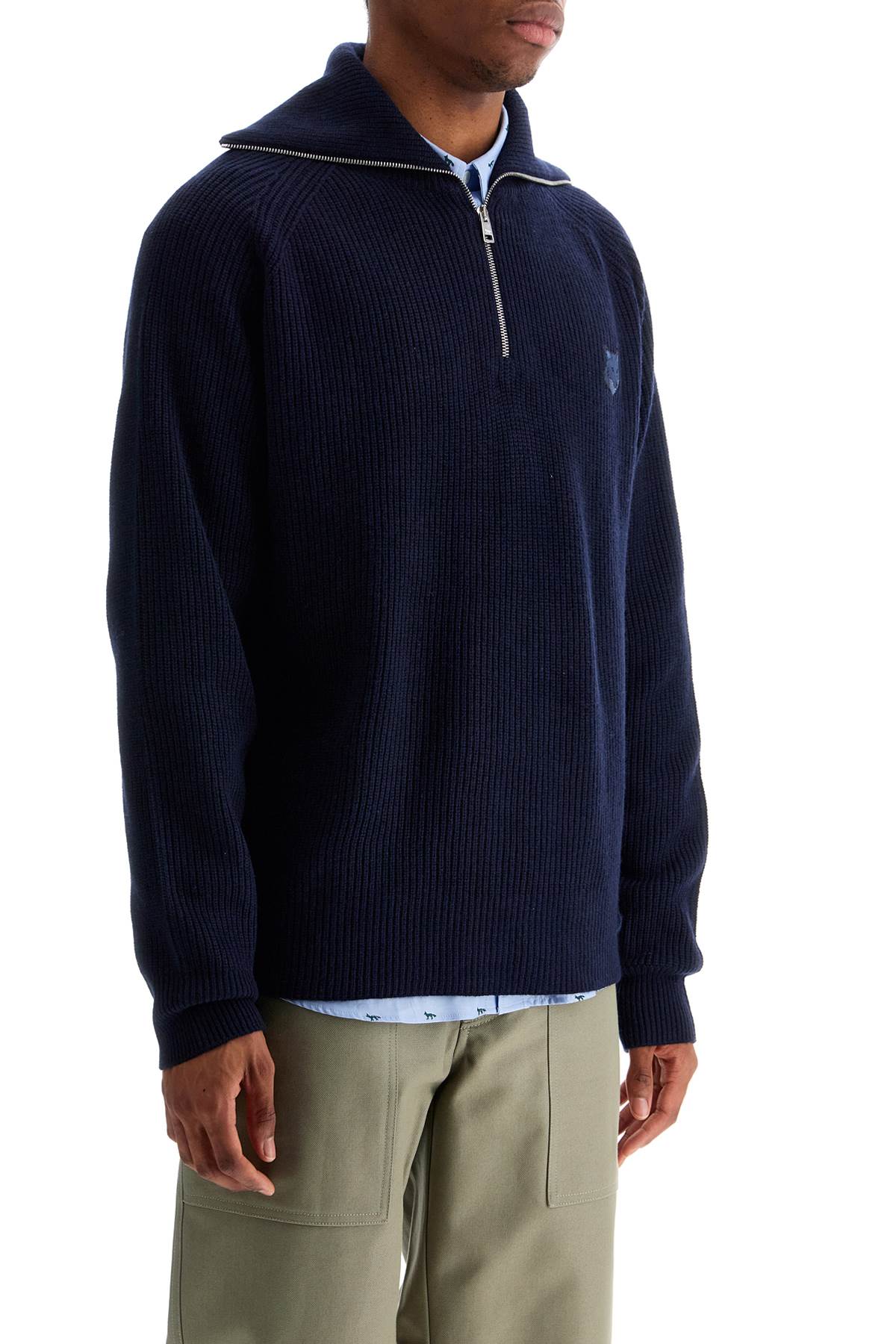 Ink Blue Wool Sweater With Fox Head Patch And Half Zip  - Blue