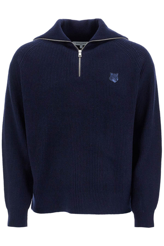 Ink Blue Wool Sweater With Fox Head Patch And Half Zip  - Blue